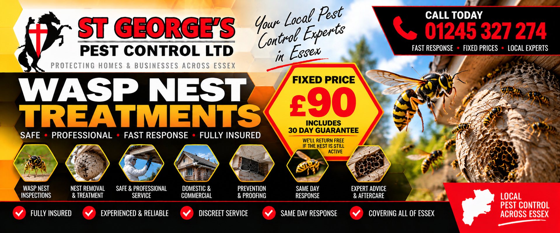 Wasp Nest Removal in Essex - St Georges Pest Control Ltd, call 01245 327 274